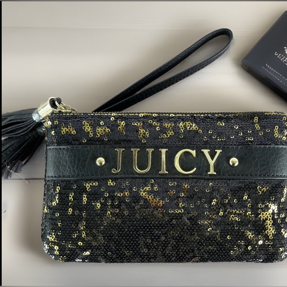 NWT Juicy Couture Gold and Black Sequin Double Zipper Wristlet Clutch